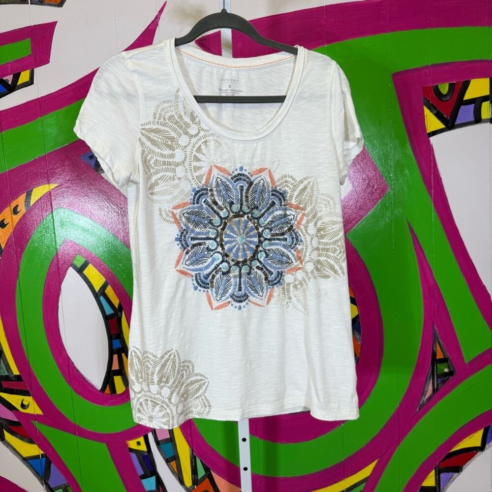 Sonoma, White T-Shirt with Blue Mandala Design Embroidered Sequins, Size Medium